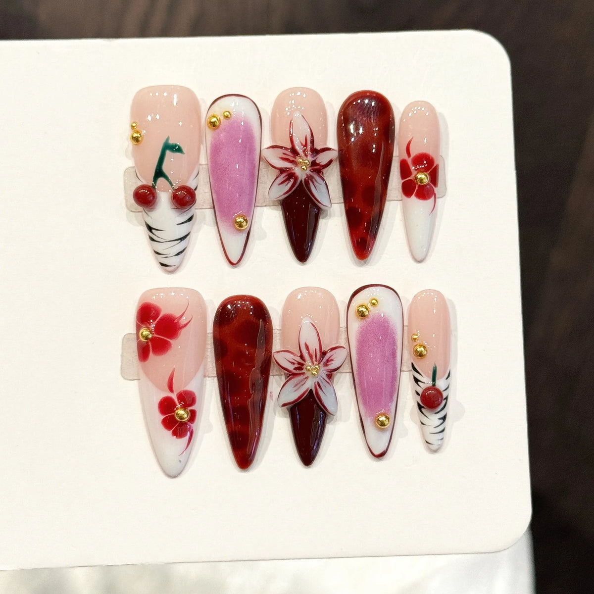 10pcs French Stiletto Handmade Press on Nails 3D Flower Fake Nails False Nails Artificial Nail Wearable Nail 네일팁 Накладные Ногти