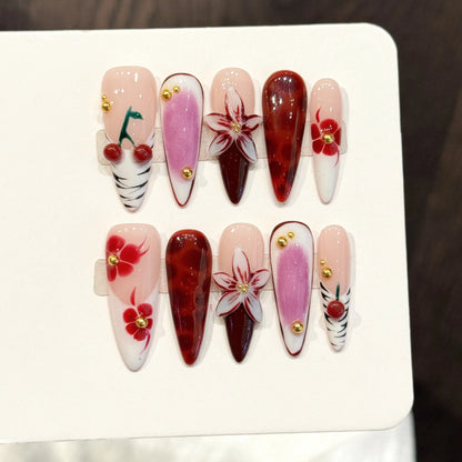10pcs French Stiletto Handmade Press on Nails 3D Flower Fake Nails False Nails Artificial Nail Wearable Nail 네일팁 Накладные Ногти