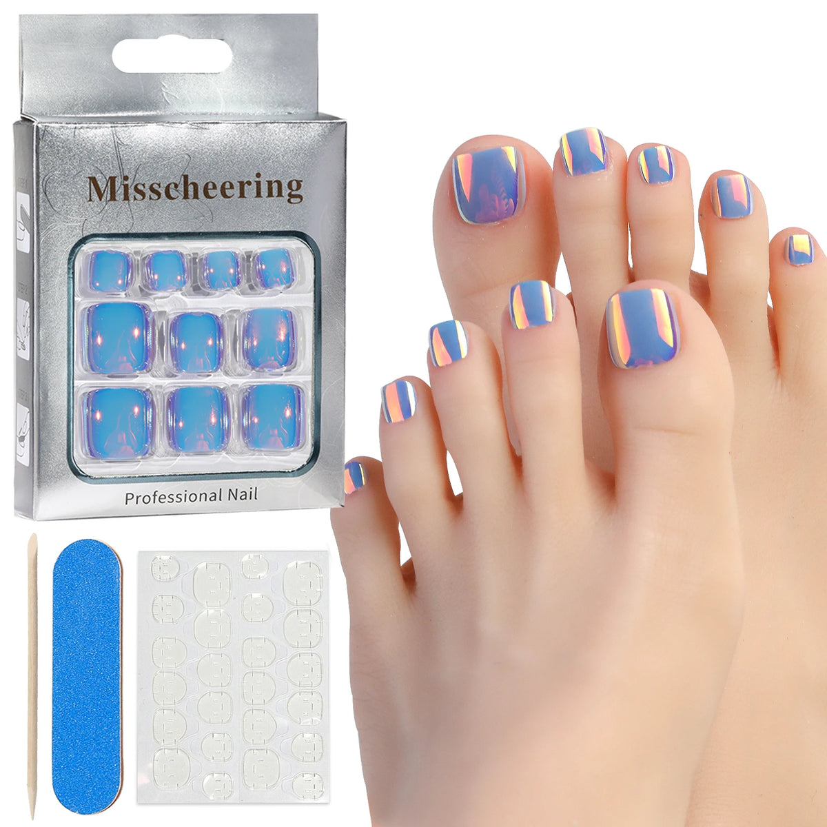 24pcs Glitter Fake Toenails With Glue French Line Glitter False Toe Nails Art Detachable Press On Toenails Acrylic Nails Tips
