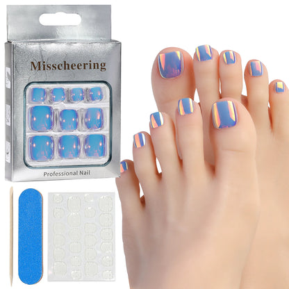24pcs Glitter Fake Toenails With Glue French Line Glitter False Toe Nails Art Detachable Press On Toenails Acrylic Nails Tips