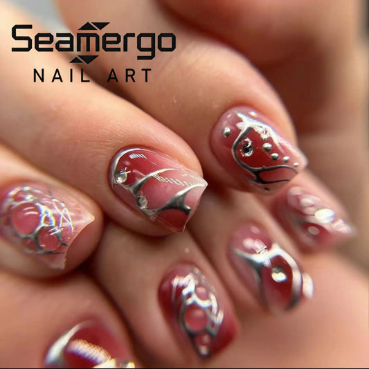 24PCS Red Smudge Short Square Blush False Nails with Silver Line Bead Details Graffiti Scratch Removable Press on Nails Gothic