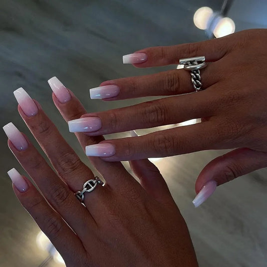 24pcs Short Ballet Press on False Nails Gradient Pink White Design Full Cover Nail Tips Finished Simple Square Fake Nail Sets