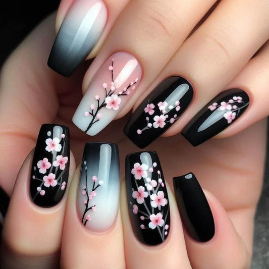24pcs Simple Flower Full Cover Nail Tips Sweet Cool Short Ballet Fake Nail Set Fashion False Nails Art Detachable Press on Nails