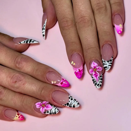 24pcs Fashion Long Almond False Nails Flower Full Cover Nail Tips Wearable Leopard Print French Design Press on Fake Nails Sets