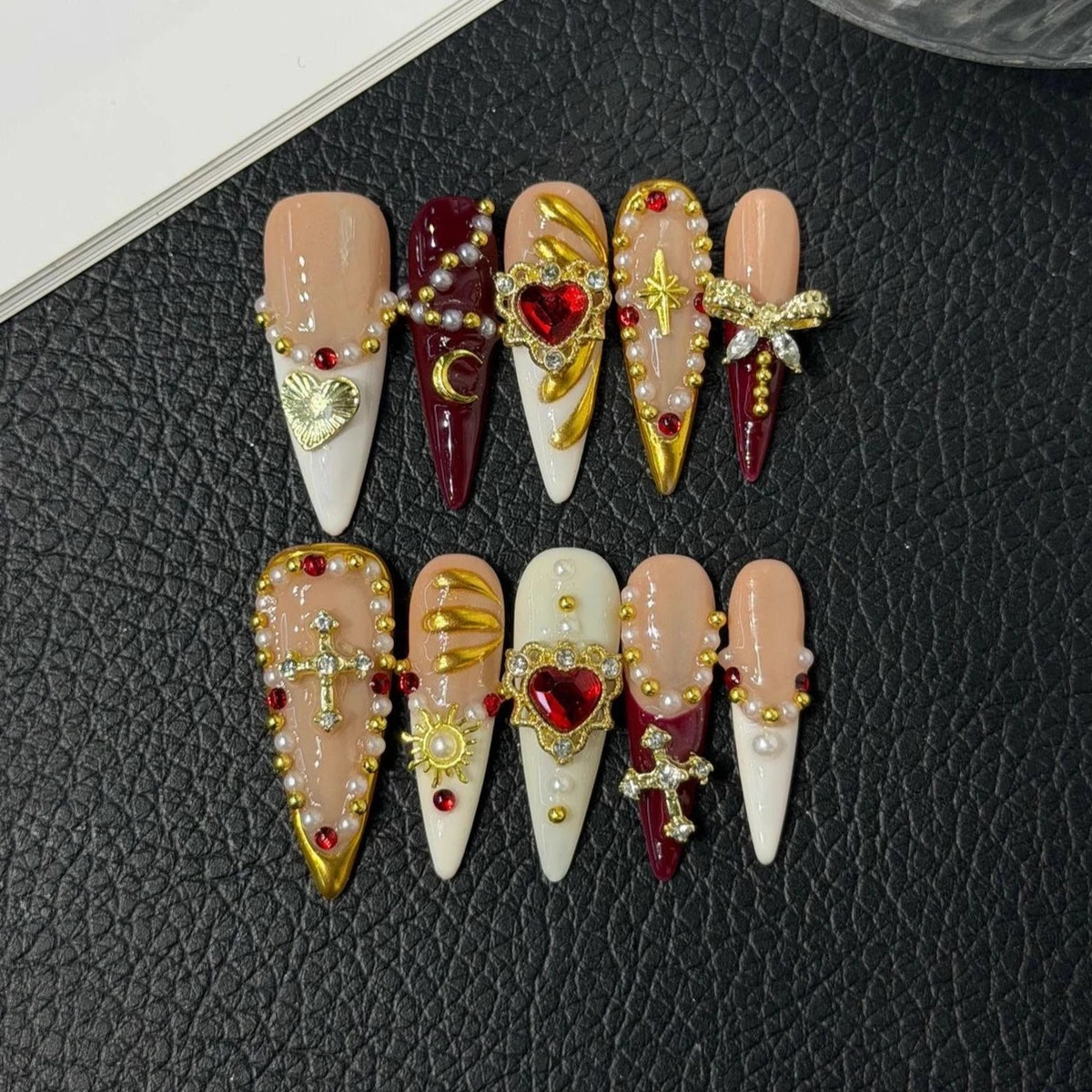10Pcs/set Retro Stiletto Handmade Press on Nails Fake Nails with 3D Red Love Design Wearable Stick-on Nails False Nail Uñas 네일팁