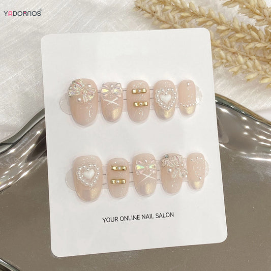 10Pcs Handmade Fake Nails Nude Color Press on Nails Round Head Pearls Heart Bowknot Designs Wearable Manicure False Nails Tips