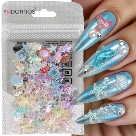 Cartoon Ocean Nail Art Accessories Summer Manicure Decorations Aurora Starfishes Seashells Fish Tail Whales Shaped Nail Charms