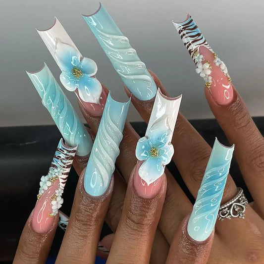 24Pcs Leopard Print Design False Nails with Bow Rhinestone Long Square Press on Nails Wearable French Ballet Fake Nail Tips