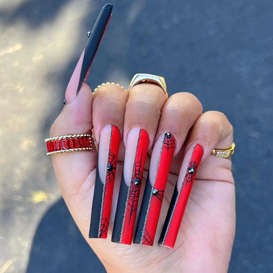 24pcs Extra Long Ballet Fake Nails Red Black Color Spider Decor False Nails Full Cover Wearable Halloween DIY Press On Nails