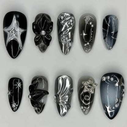 24Pcs Short Almond Fake Nails Butterfly Wings Nail Art with Glue Glitter Flower False Nails Acrylic Autumn Winter Press on Nail