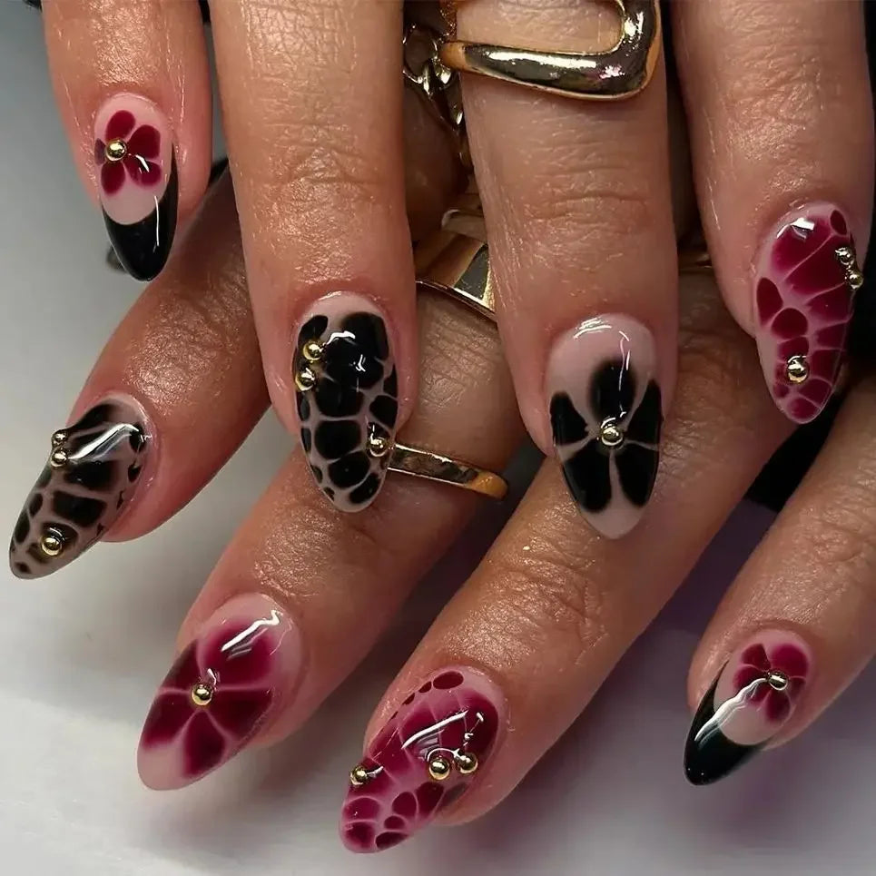 Wine Red French Wearable Nail Art Flowers Petal Halo Dyeing Almond False Nails Detachable Finished Fake Nails Press on Nails