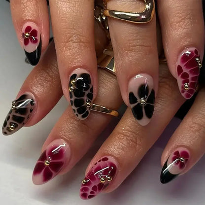 Wine Red French Wearable Nail Art Flowers Petal Halo Dyeing Almond False Nails Detachable Finished Fake Nails Press on Nails