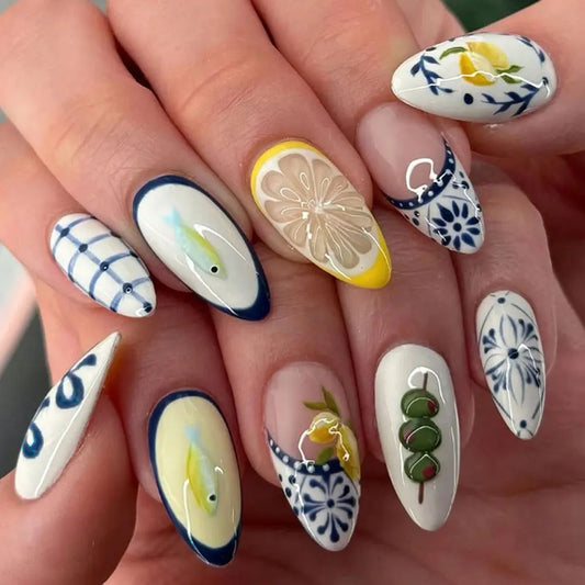 24pcs white Orange Fish flowers French Almond Presson nails , Fit Perfectly& Medium Length design Acrylic fake na