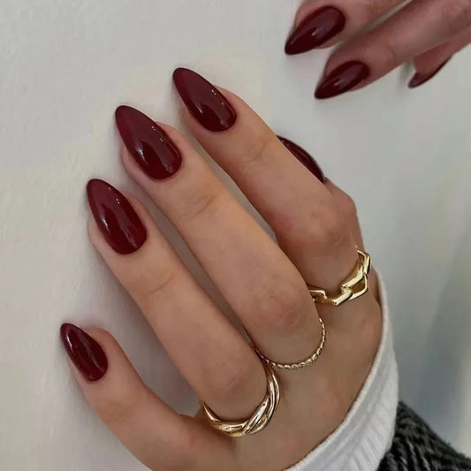 24Pcs Simple Wine Red Fake Nail with Mid-length Design Almond Press on False Nails Wearable Round Head Oval Full Cover Nail Tips