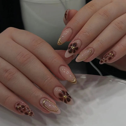 Wine Red French Wearable Nail Art Flowers Petal Halo Dyeing Almond False Nails Detachable Finished Fake Nails Press on Nails