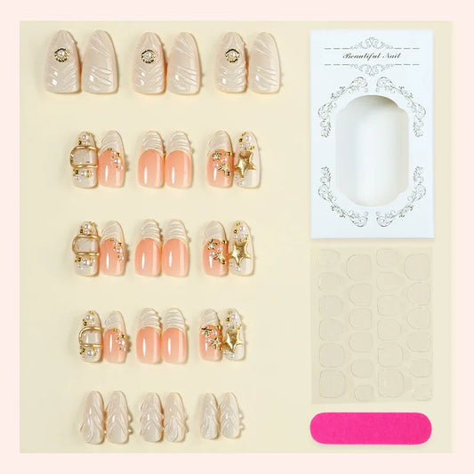 24PCS Simple White French False Nails Sweet Cool Gilt Golden Star Texture Almond with Pearl Press on Nails Full Cover Detachable