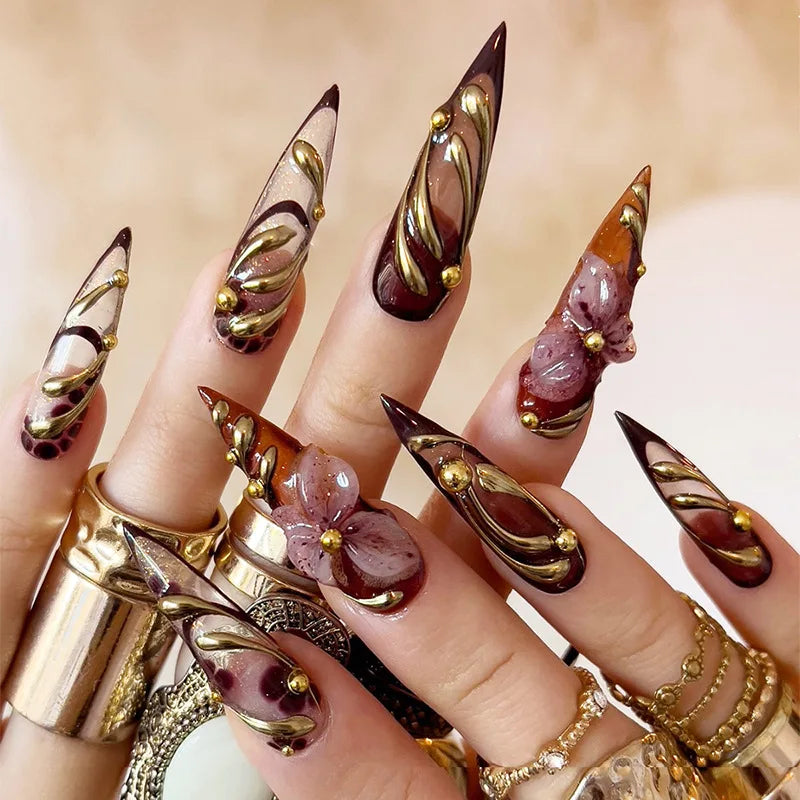 24PCS Stiletto Shape Fake Nails Artistic Color Block Floral Press on Nails Rainbow Dopamine Design European Luxury False Nails