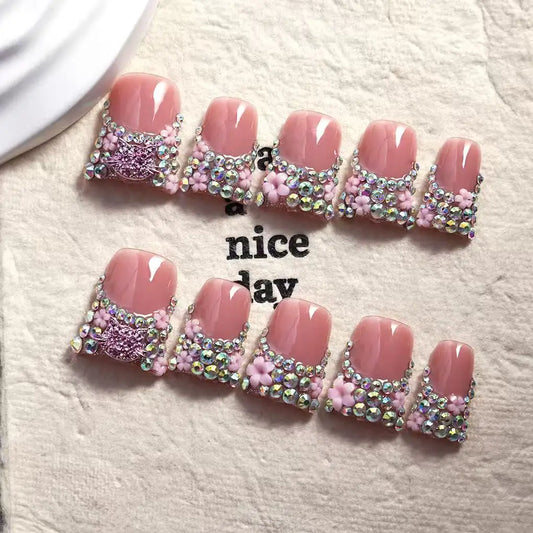 10pcs high-end Sweet and cool style, hand-painted three-dimensional carving, dazzling diamonds all over handmade French Tip Nail