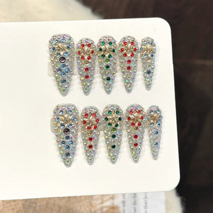 10pcs Super Long Stiletto False Nail Tips Light Luxury Handmade Full Flash Diamond Press On Nails European Wearable Fake Nails