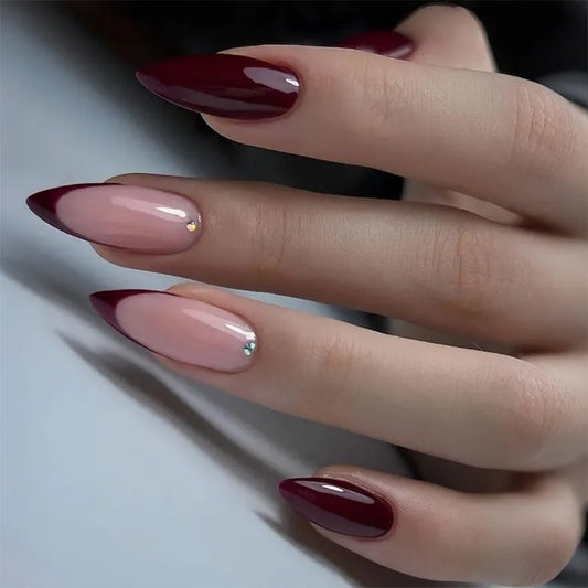 24pcs Finished Fake Nails French Pink Long Almond False Nail Art with Cherry Bow Design Stiletto Press on Nails Pearl Manicure
