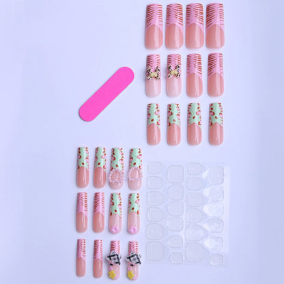24pcs Long Square Fake Nails Zebra-Leopard Print French Style Spicy Girl False Nails With 3D Heart Bowknots Decor Press On Nails
