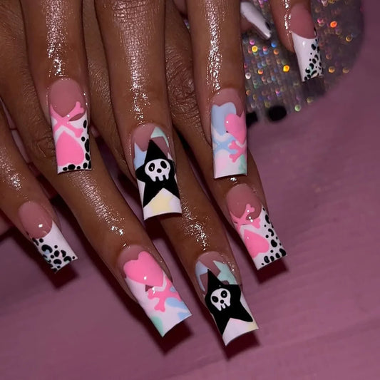 24pcs Halloween Theme Sweet Cool False Nail Cute Ghost Heart Cross Star Design Press On Nails Long Coffin French Style Fake Nail