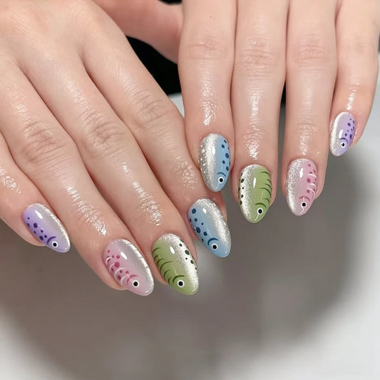 24pcs Colorful Little Fish Printed Press On Nails Macaron Flash Cat's Eye False Nails Glossy Almond Creative Charm Fake Nail