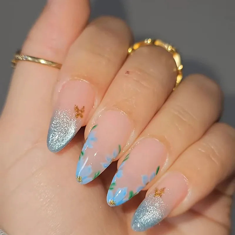 24Pcs Light Blue Smudge Fake Nails Press on Almond Gold Leaf Removable Long Full Cover Nail Tips Wearable Finished Nail Art