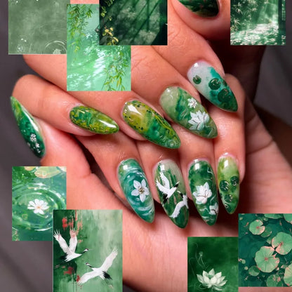 24pcs Little Fresh Butterfly Flower Press On Nail Spring Summer Gradient Pink Green Almond False Nail Ins Forest Style Fake Nail