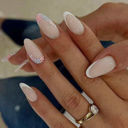 24pcs Simple Almond Press on Nails Flower Design White French Fake Nails Sets Detachable Ins Round Head False Nail Tips Manicure