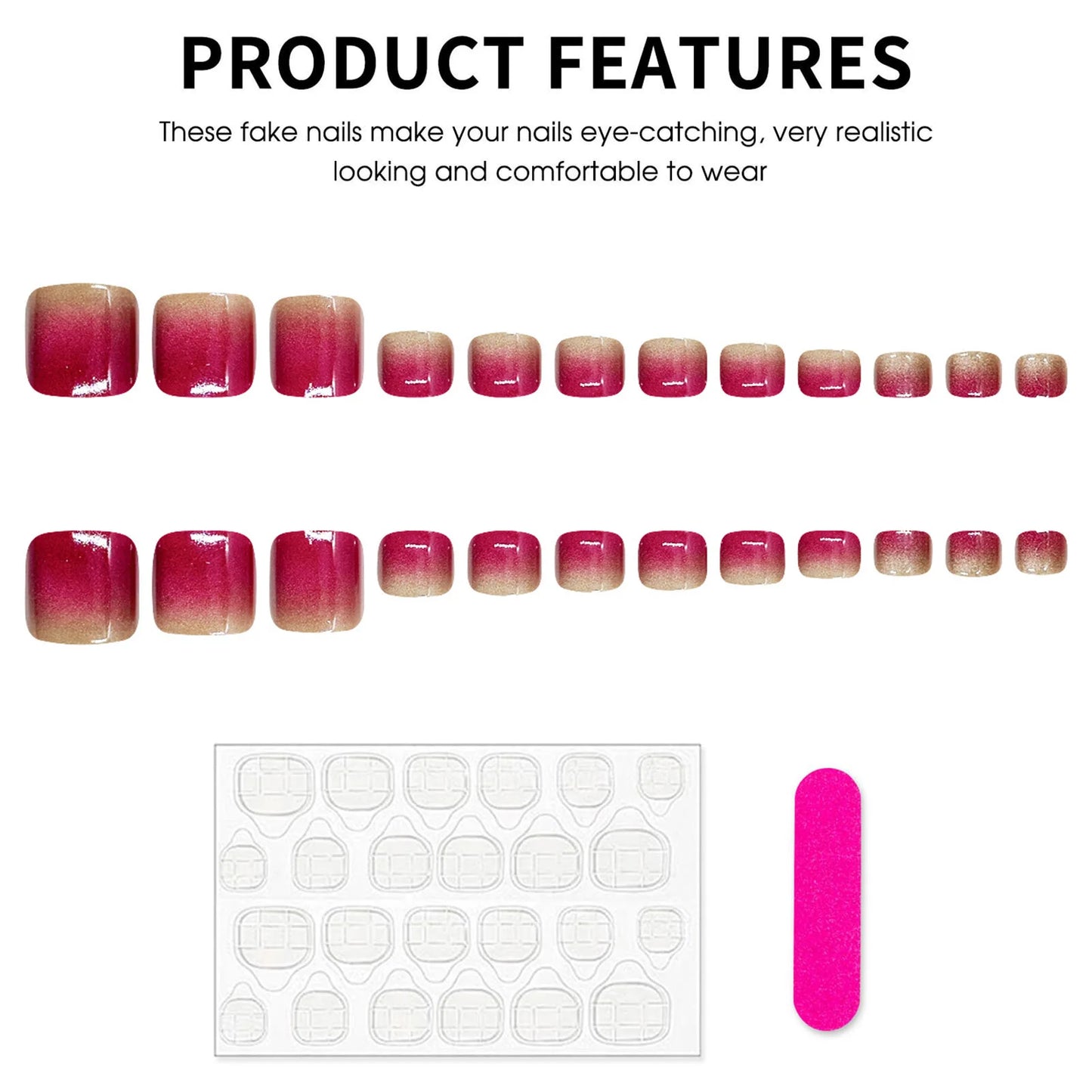 24pcs Gradient Rose Red Cat's Eye Fake Toenails Ice Transparent French Style Fake Toe Nails Summer Wearable Press On Nails
