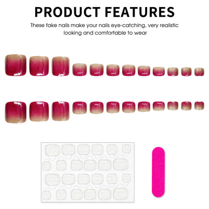 24pcs Gradient Rose Red Cat's Eye Fake Toenails Ice Transparent French Style Fake Toe Nails Summer Wearable Press On Nails