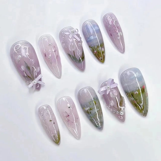 24pcs Pink Almond Fake Nails Art French Cute Flower False Nail Tips with Pearl Design Mid-length Press on Nails Sets Reusable
