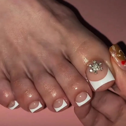 White French Fake Toenails with Rhinestone Design False Toenails for Girls Women Acrylic Toe Nail Tips Full Cover Wearable 24pcs