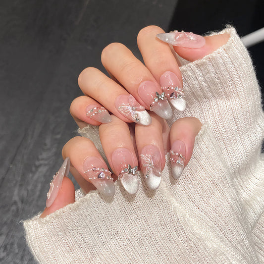 10Pcs Reuse Finished Fake Nail Tips with Butterfly Deisgn Pink Cat's Eye French Handmade Press on False Nails Wearable Nail Art