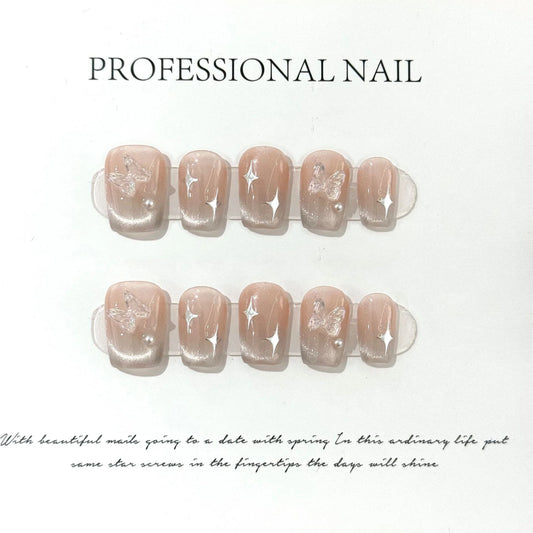 10Pcs/set Short Ballet French Designs Handmade Press on Nails Dreamy 3D Butterfly Glitter Nail Stickers Wearable for Summer 네일팁
