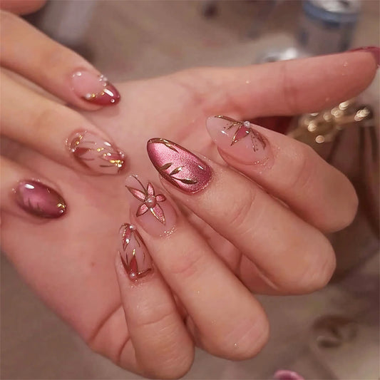 24pcs Leaf Flower Pattern Press On Nails Rose Red Cat's Eye French Style Fake Nails Full Cover Spring Wearable Almond False Nail