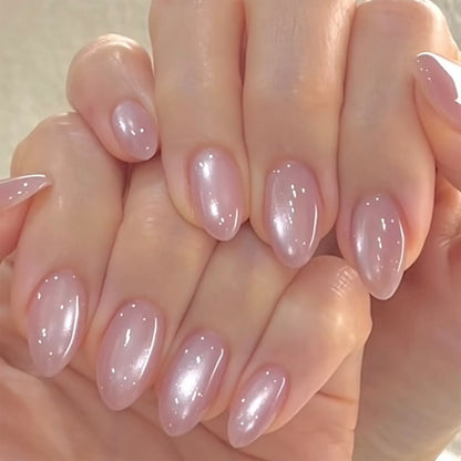 24pcs Aurora Nude Pink Press on Nails Almond Acrylic Simple Fake Nails with Gradient Design Nail Chrome Solid Color False Nails