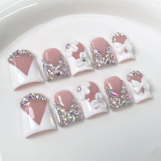 10Pcs French Nude Pink Short Nail Tips Set Full Cover Rhinestone Shining Flower Design Handmade Press on Nails Wearable Manicure