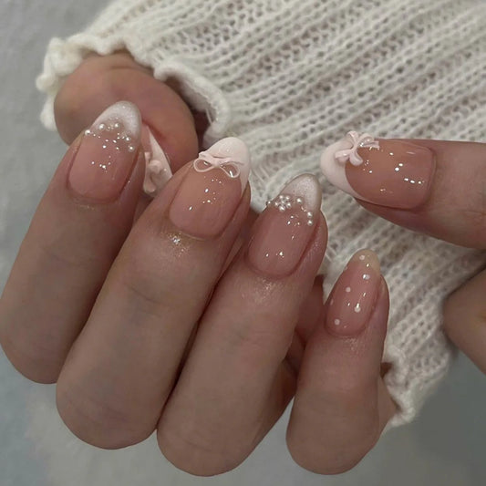 24Pcs French Short Oval Lovely False Nails Cat Eye Rhinestone Pearls Flowers Designs Press on Nails Wearable Acrylic Nails Art