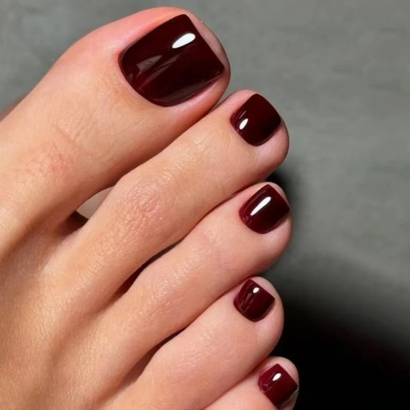 Wine Red Solid Color False Nails Art Simple French Pink White Polk Dot Summer Beach Fake Toenails Charms Cat Eye Press on Nails