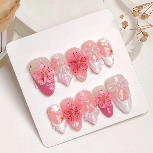 24Pcs Pink Gradient French False Nails 3D Flower Butterfly Pearl Press on Fake Nails Mid-length Almond Detachable Manicure Tips