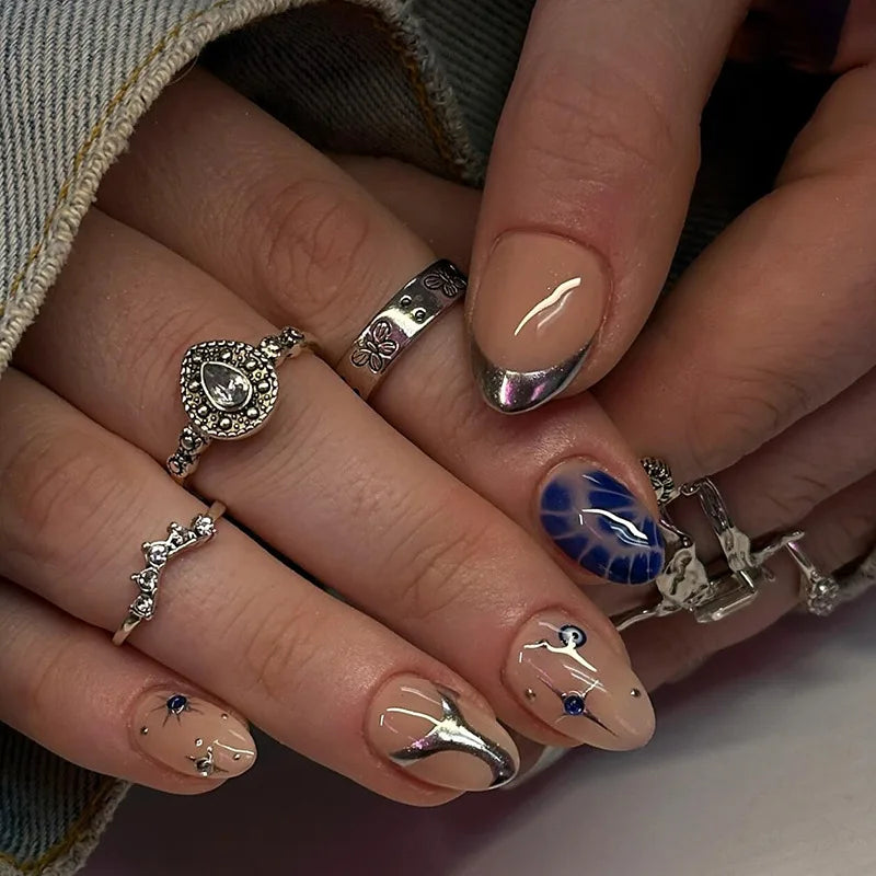 24pcs French Press on Nails Tips Wearable Sweet Flower Gilded Design Full Cover Nail Art Short Almond Fake Nails Sets False Nail