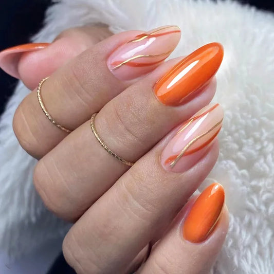 24Pcs/box Solid Color Orange-red Almond Press on Fake Nails Gold Ripple Stripes Artificial Nails Stickers Wearable Nail Tips Set