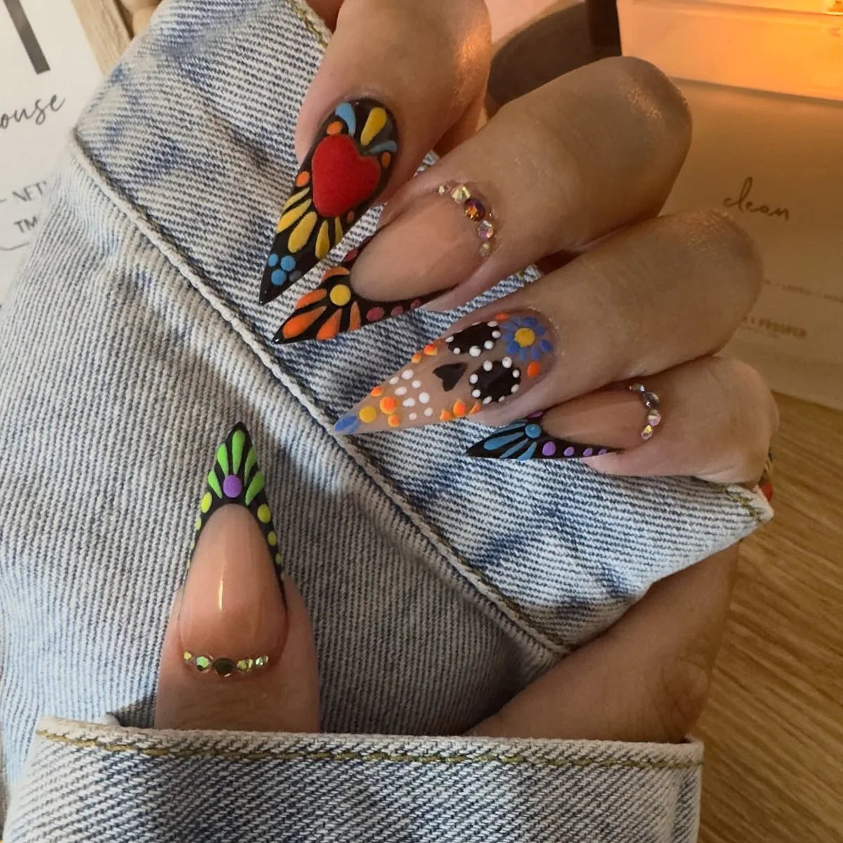 24PCS Stiletto Shape Fake Nails Artistic Color Block Floral Press on Nails Rainbow Dopamine Design European Luxury False Nails