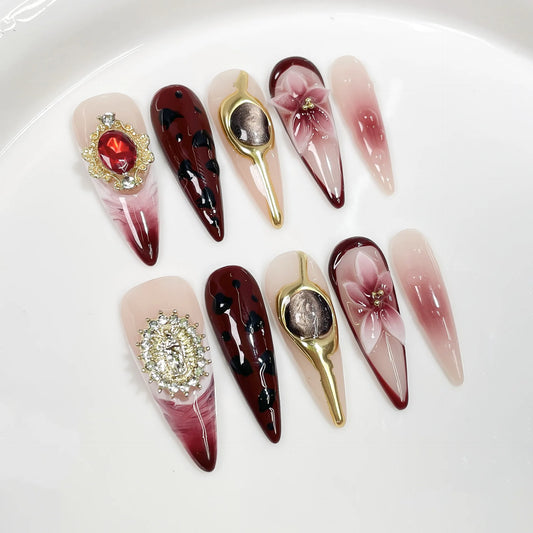 10Pcs Handmade Long Stiletto Press on Nails Light Luxury Retro Cat-eye Nail Tips Fashion Detachable Leopard Print Fake Nail Tool