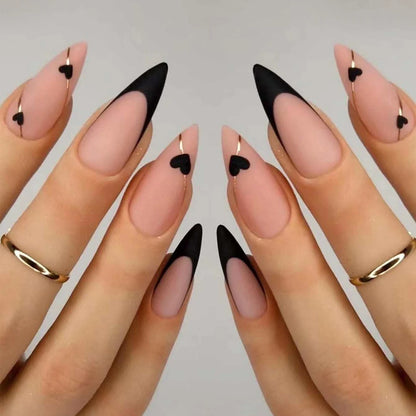 24pcs ，Black French Tip Press on Nails Valentine Fake Nails with  Glossy Almond Nails False Nails Black  on Nails