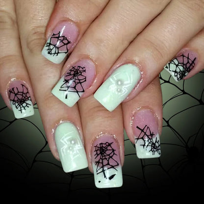 24Pcs Mid-length Square Manicure Tips Spider Rhinestone Love Spider Web Fake Nails Shiny Powder Detachable Press on False Nails