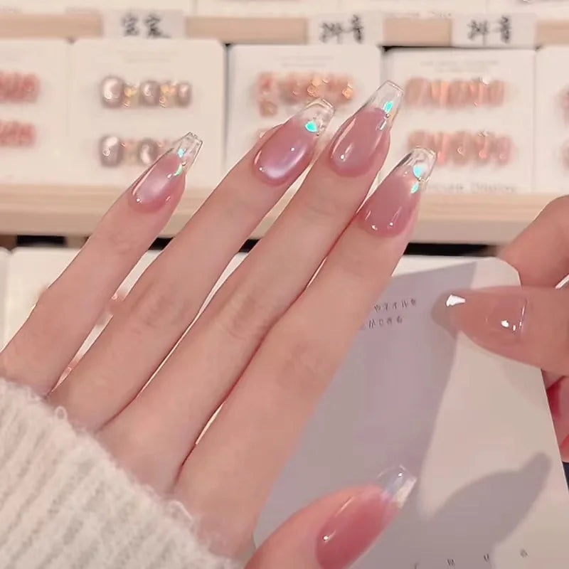 10Pcs Handmade Press on Nails Long Ballet Blue Fake Nails with 3D Ocean Moon Rhinestone Design False Nails Full Cover Nail Tips
