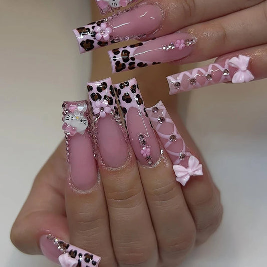 24Pcs Long Ballet Shape Nail Pink Leopard French Nail Art Patch Stereo Bow Pink Five-Petal Flower Ballet Style Fake Nail